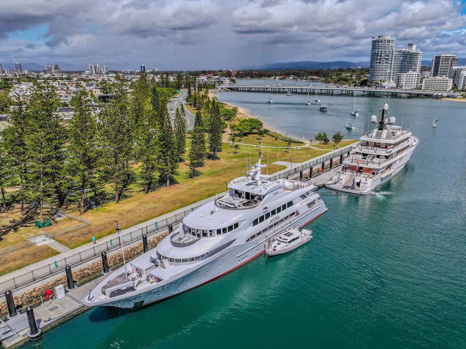 Aerial view of superyacht Iron Blonde with its tender Blonde Chaser 1 alongside on the Gold Coast
